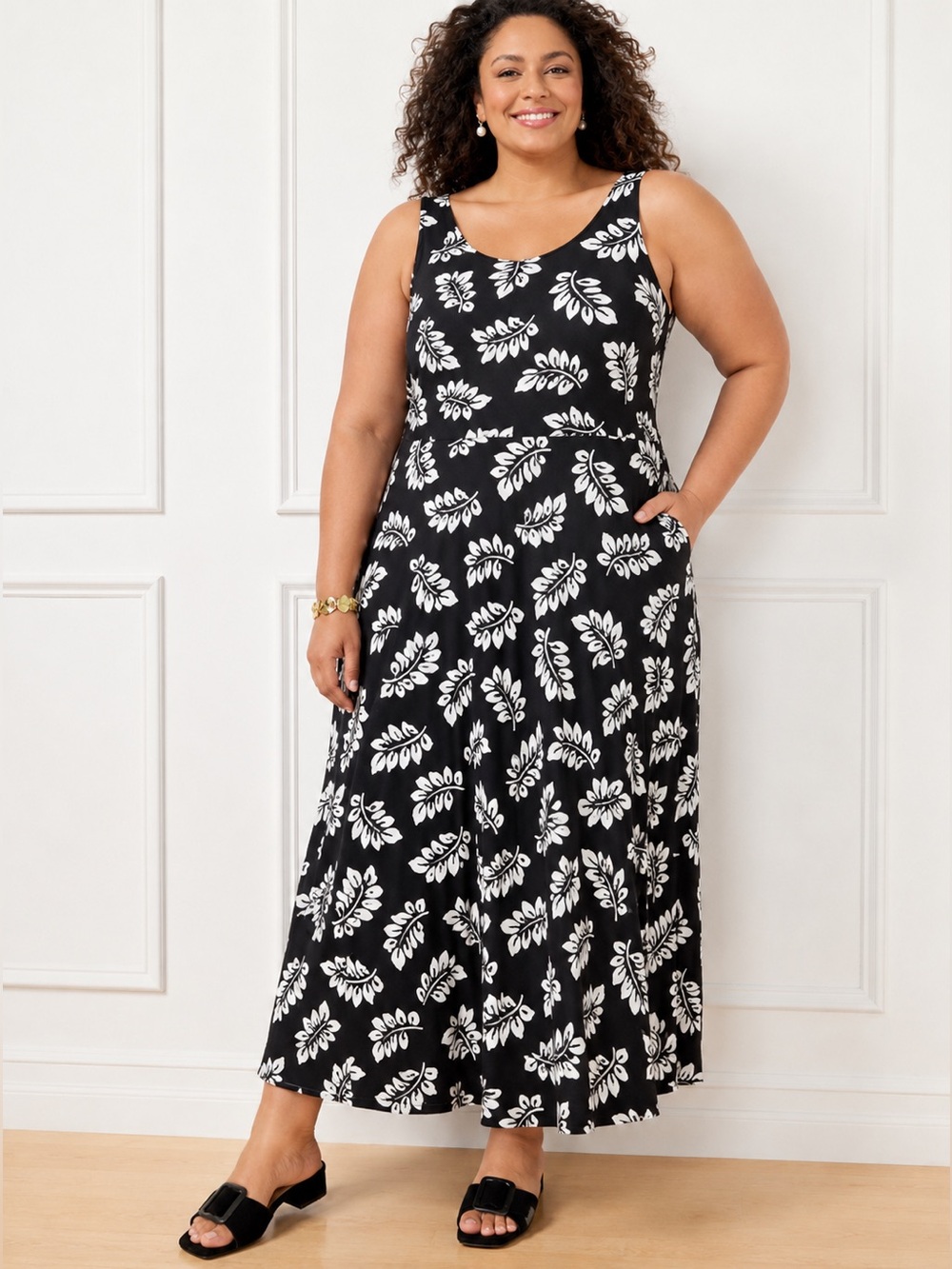Talbots Plus X Black White Floral Leaf Print Sleeveless Maxi Dress